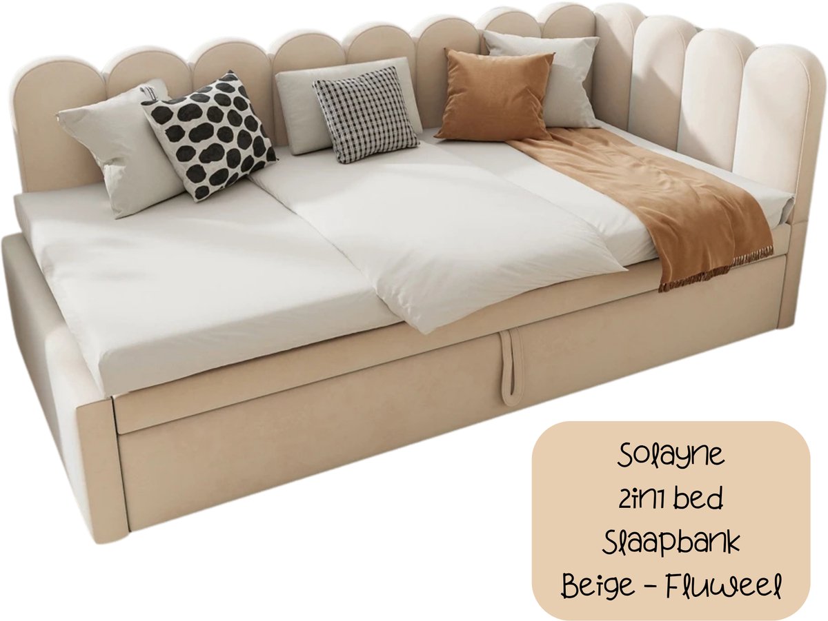 Solayne Bed - Slaapbank - Kinderbed - Logeerbed - 2in1 Multifunctionele Slaapbank - 2 persoons - Sofa bed - Fluweel Beige