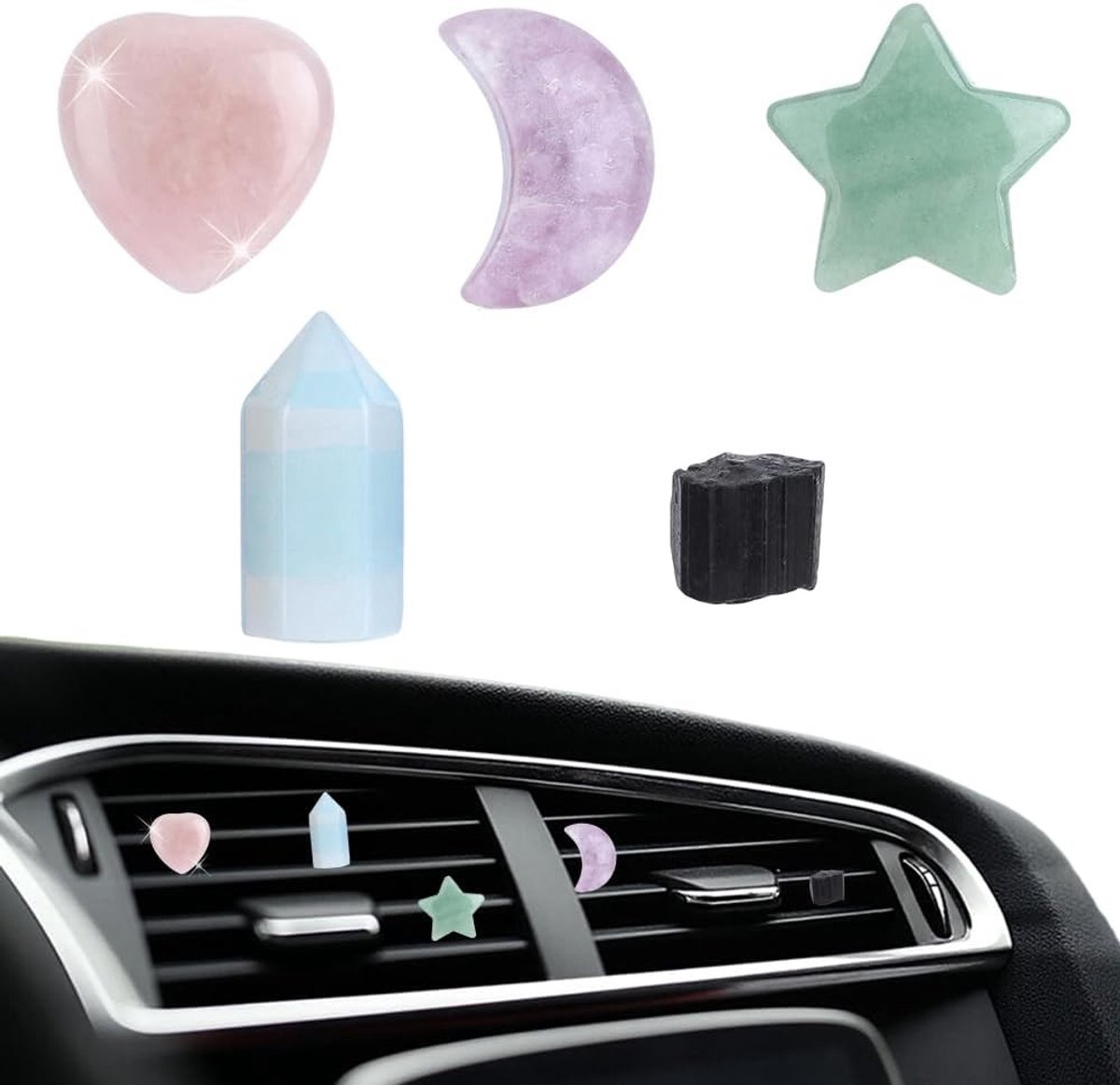 5 stuks kristalstenen ventilatiesleufclips voor auto's met maan, ster en hartdesign - rozenkwarts edelsteen hangers voor luchtverfrissing en interieurdecoratie