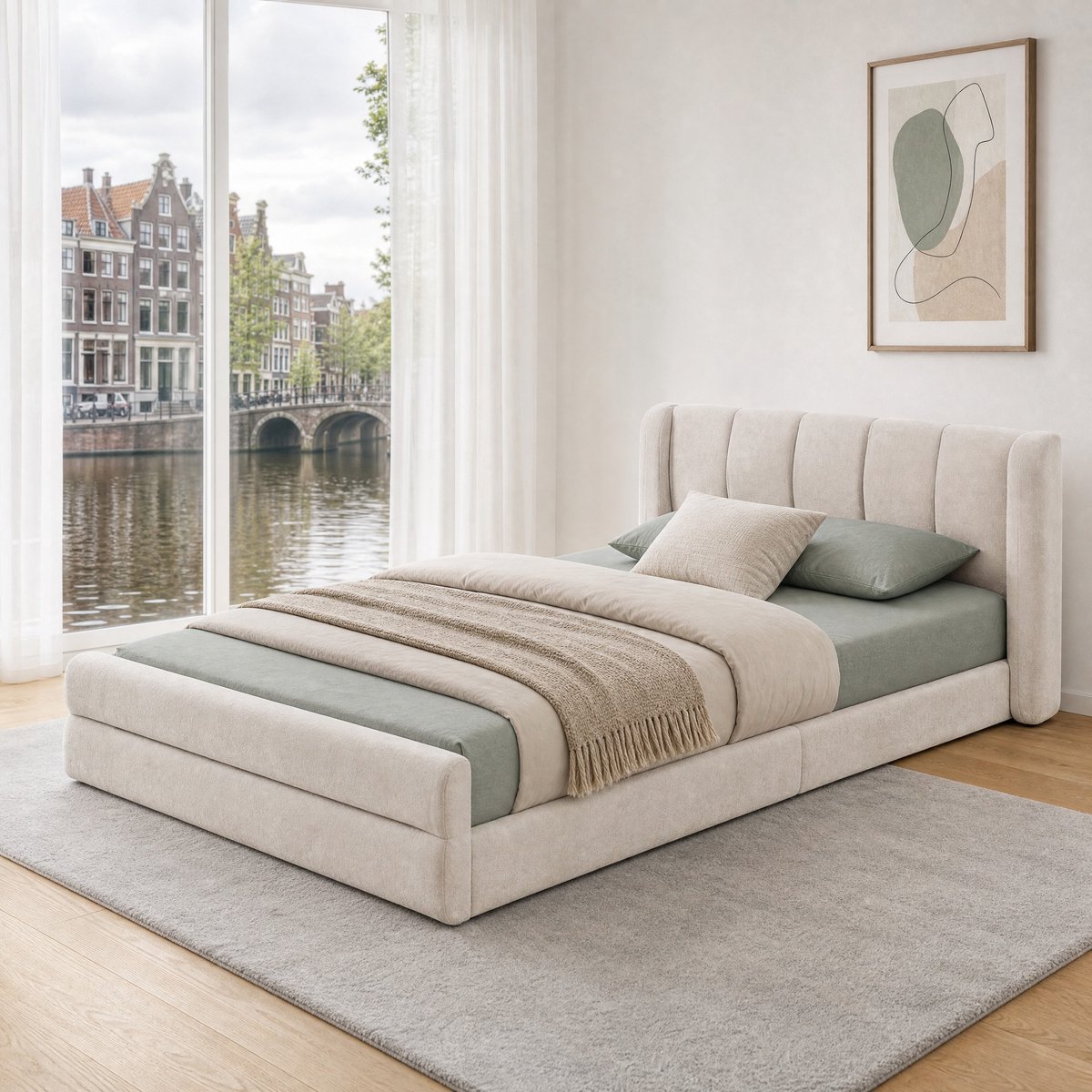 WUVRIE Enkelbed 90x200 cm - Hautvriendelijk Chenille, Comfortabele Rugleuning, Ook als Kinderbed Geschikt, Beige