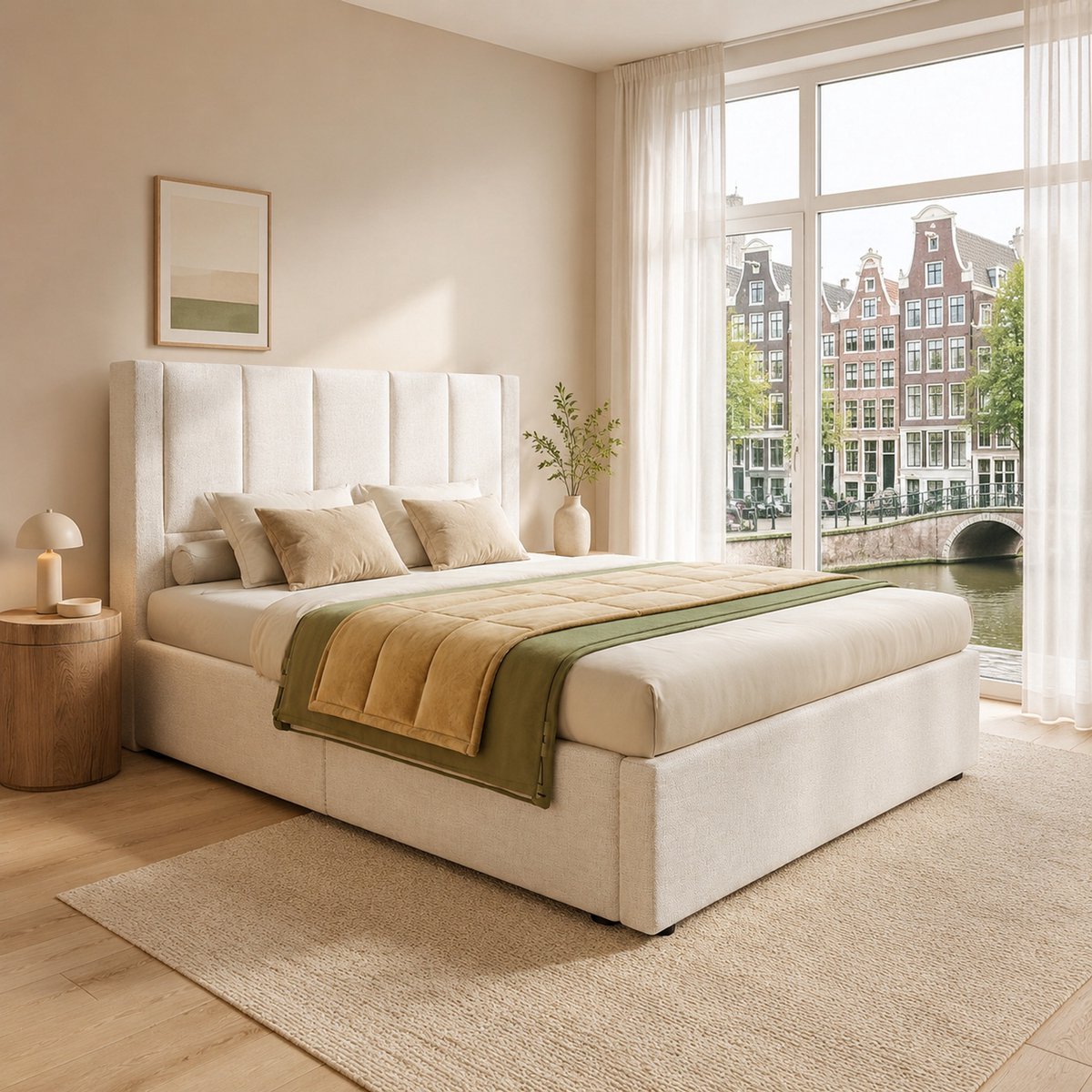 WUVRIE Polsterbett 90x200 cm met verstekke bekerhouder & oplaadstation, hydraulisch bed met opbergruimte onder het bed, inclusief lattenbodem, Linnen Beige (zonder matras)