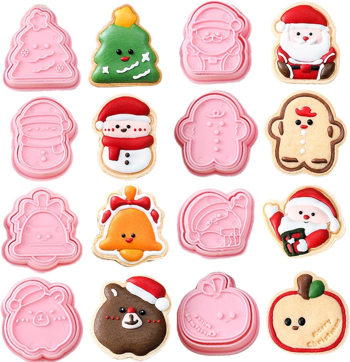 8-delige Kerstkoekjes Uitsteekset met 3D Stempels - Gingerbread Man, Rendier, Sneeuwman en meer voor Feestdagen, Bakken en Decoratie