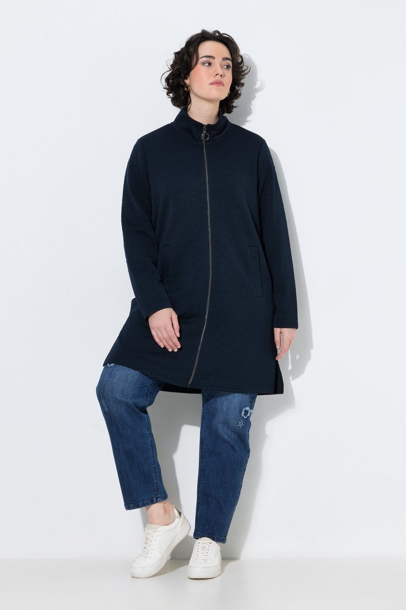 Ulla Popken - Dames - Lange sweatjas luipaardpatroon opstaande kraag - Marine - Maat 54+