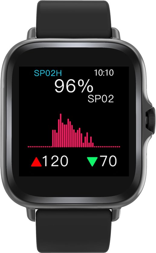 Zwarte smartwatch met SP02 meting van 96% en grafiek.