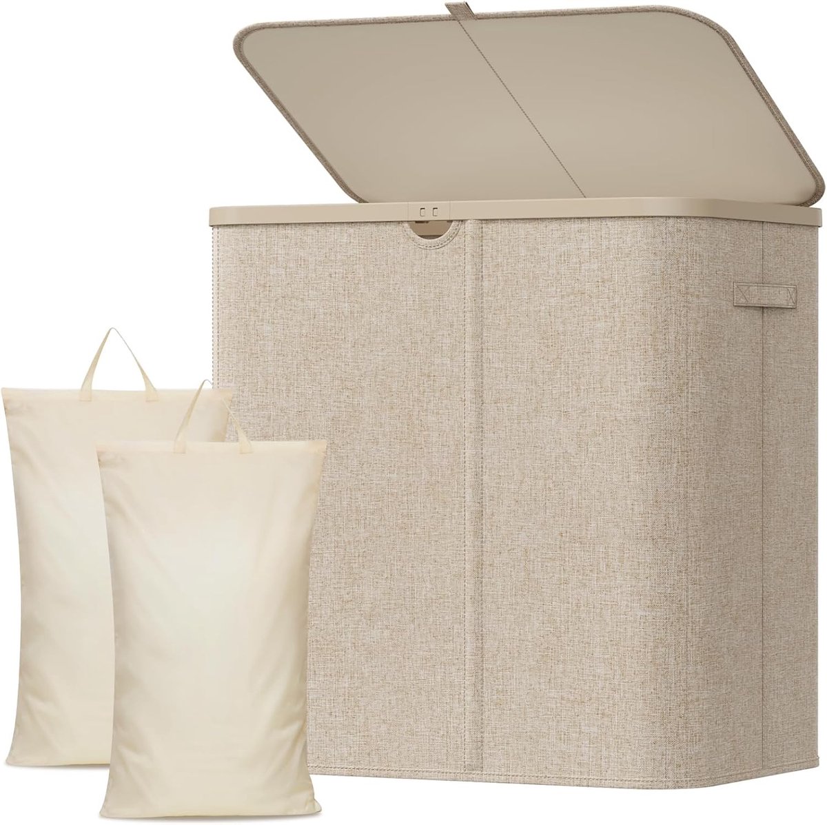 Grote Vouwbare Wasmand met Deksel en Verwijderbare Tassen, 2 Compartimenten voor Waskamer, Slaapkamer en Badkamer, 140L, Beige