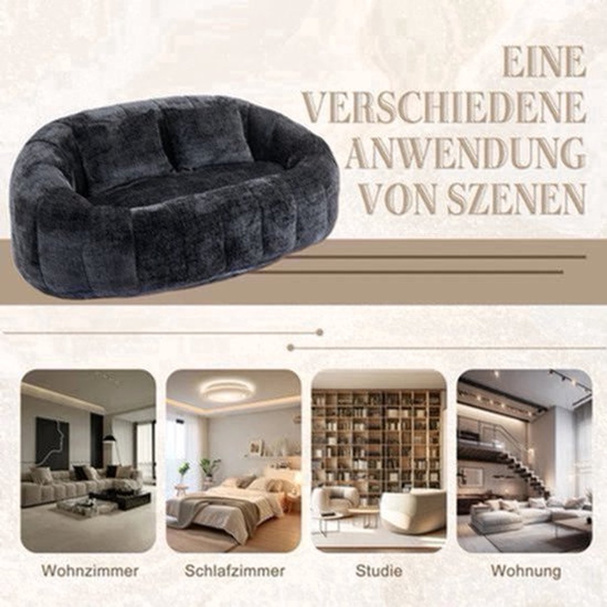 Zitzak Lazy Sofa – Zitzak Fauteuil – Lounger – Bean Bag Stoel – Relaxstoel – Hoogwaardige Chenille Bekleding – Ergonomische Hoge Rugleuning – Beige