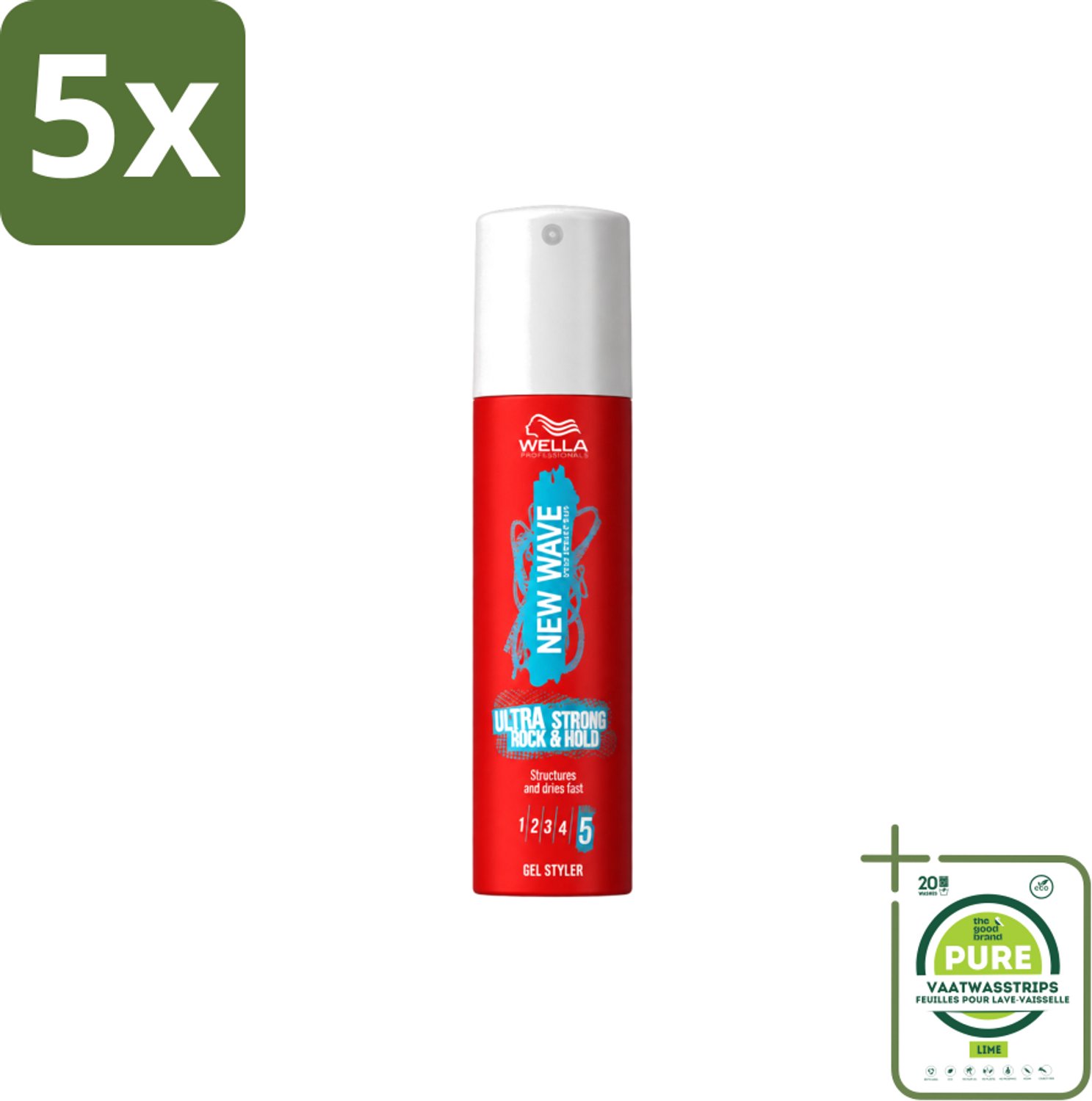 5 x Wella – New Wave Ultra Strong Rock & Hold – Haargel – 100 ml - Grootverpakking - Vaatwasstrips - Haargel - Haargel Styler - Krachtige Fixatie - Glans Haar - Langdurige Hold