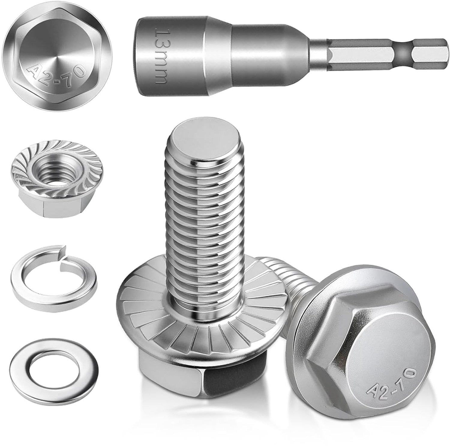 M8 schroeven set 12 stuks - roestvrij staal A2 70 - hex flange moeren - ideaal voor constructiemachines - ServiceTopper