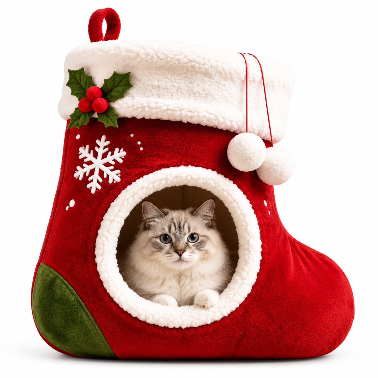 VILIMA - Kattenmand - Kattenbed - Kattenhuisje - Kerstsok - Kerstmis - 35x25x50 cm - Warm huisje - Zachte stof - Kleine katten