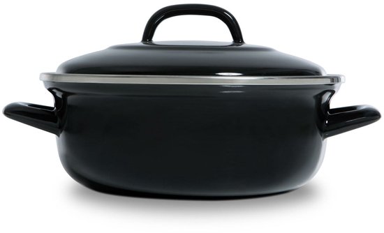 Zwarte BK braadpan van geëmailleerd staal met bijpassend deksel en twee zijhandgrepen.