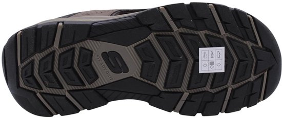 Zwarte, rubberen profielzool van een Skechers-sandaal met 'STEADY GRIP'-logo en grip-indicatiestickers.