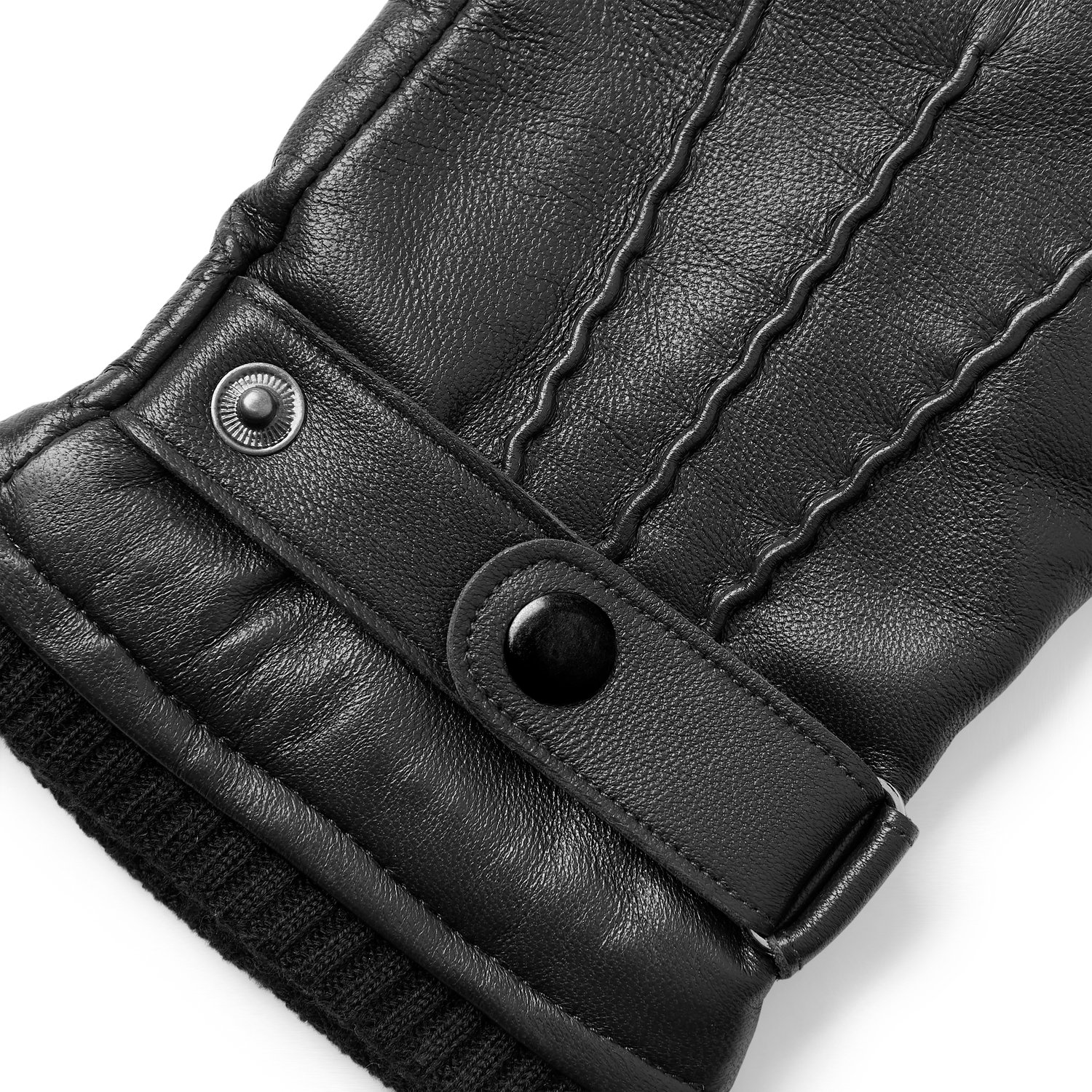 Fjeld | Zwarte handschoenen van schapenleer met riempje en geribde boord