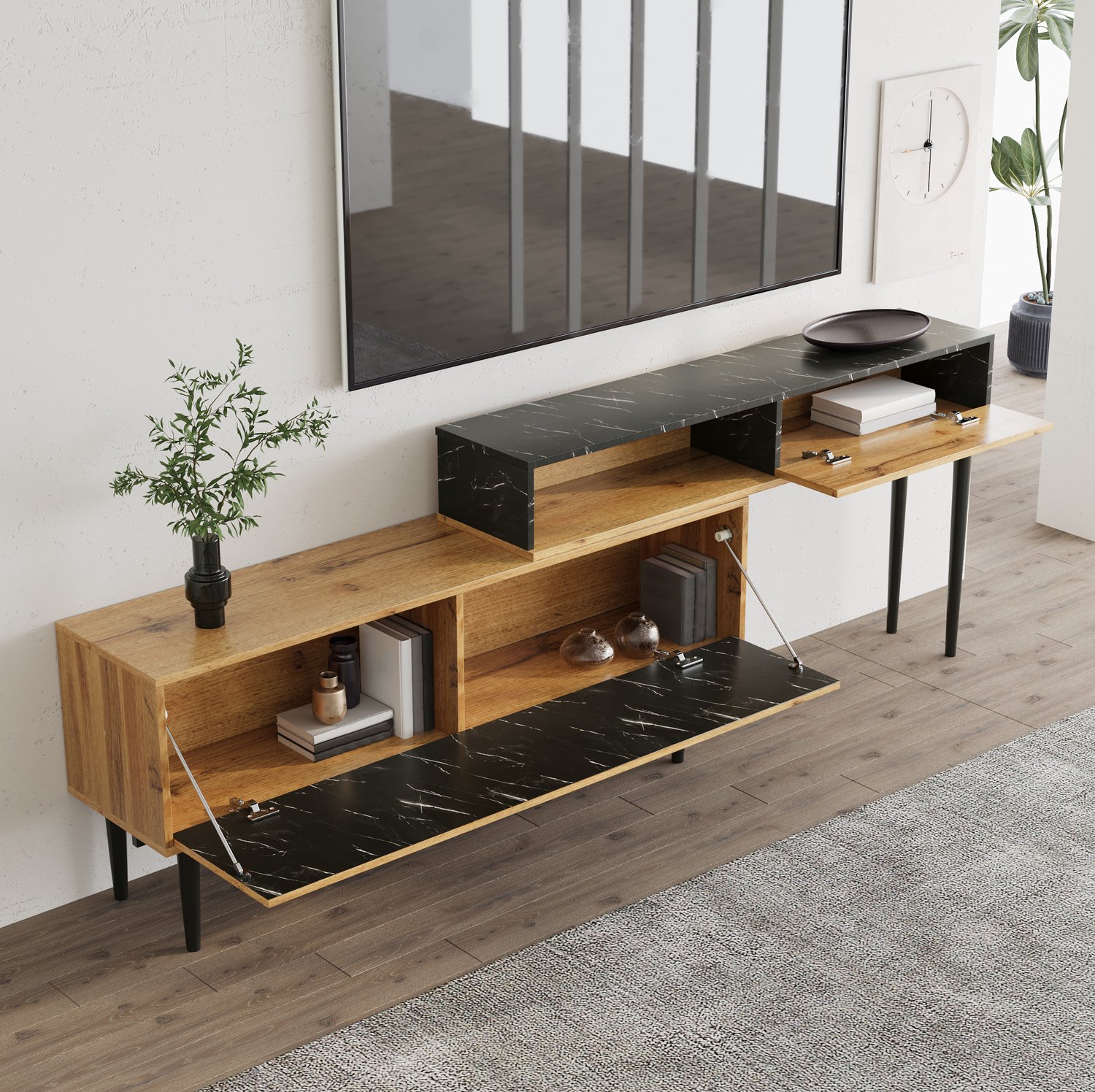 CHICFURN TV-meubel - Verstelbaar - Opbergruimte - Met kleppen - Natural Wood Natuurlijk houtkleurig