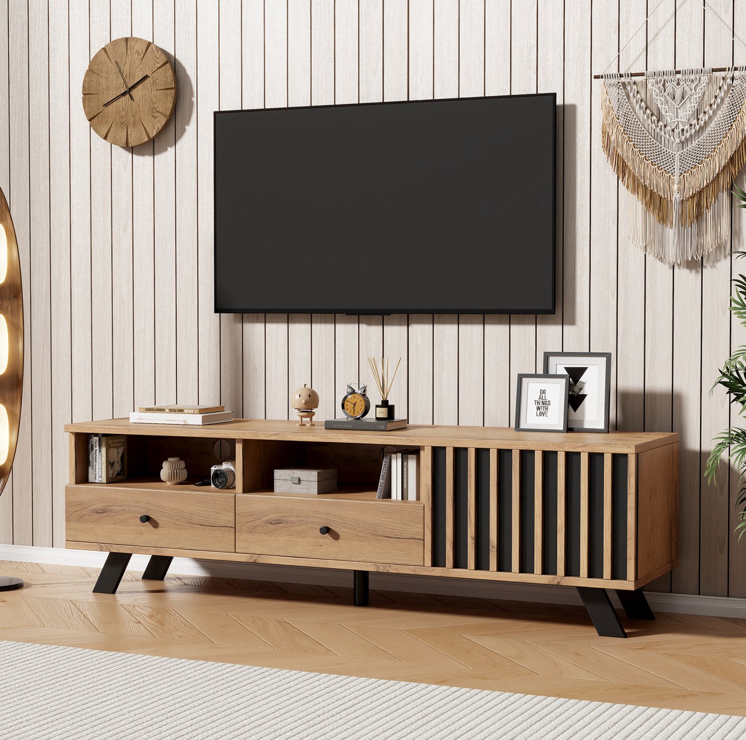 CHICFURN TV-meubel - 2 lades - opbergruimte - 5 poten - houtkleur zwart Natuurlijke houtkleur