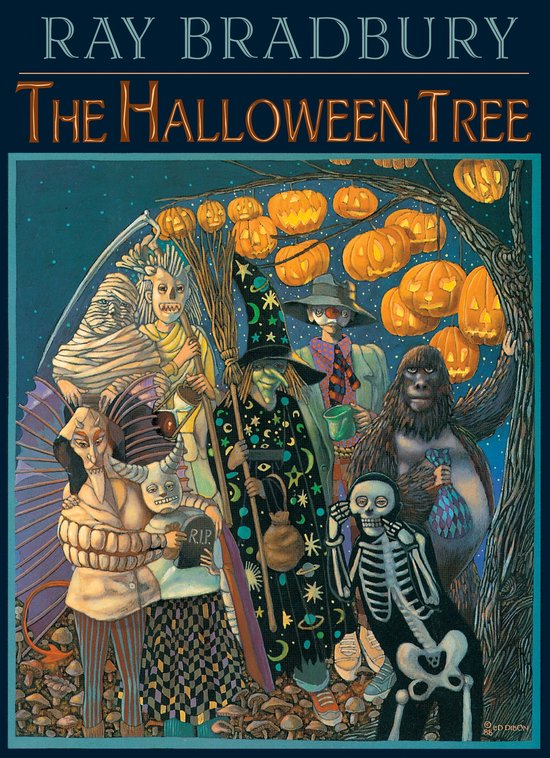 Boekomslag van The Halloween Tree door Ray Bradbury met illustraties van kinderen in diverse Halloweenkostuums onder een pompoenboom.