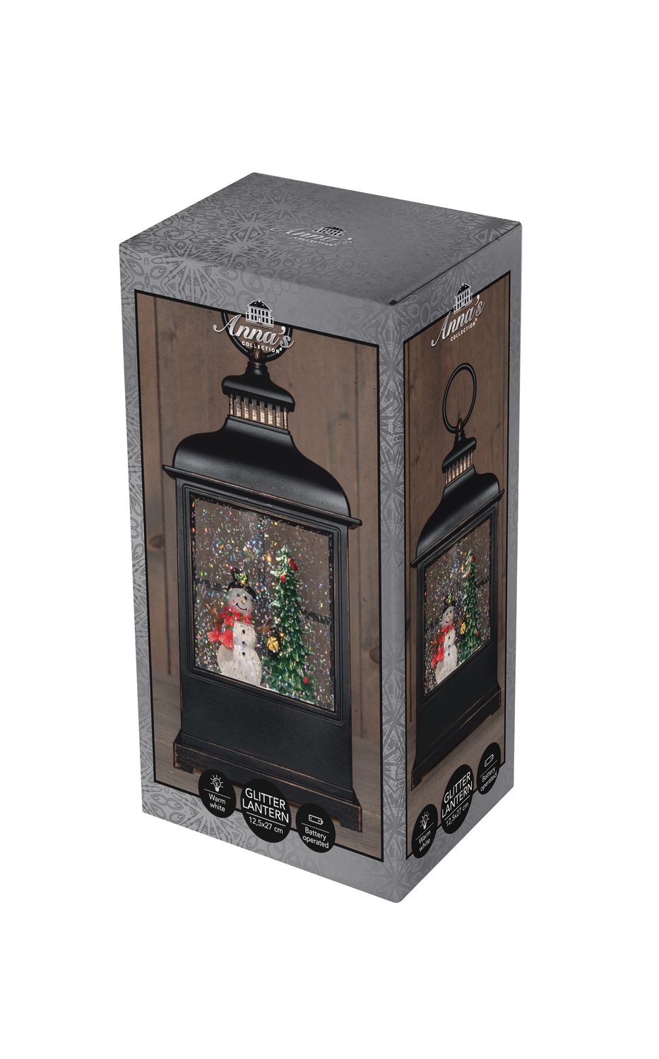Anna's Collection Sneeuwbol/snowglobe glitter lantaarn - sneeuwpop - 12x 12x 27 cm - met LED verlichting - kerstlantaarn - kerstversiering – foto 3