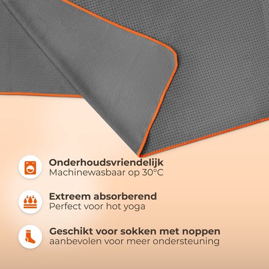 NIRVANASHAPE - Yogahanddoek als yogamat handdoek - antislip noppen - absorberende microvezel - hygiënisch en wasbaar op 40 graden - 185 x 63 cm - grijs/oranje — afbeelding 3