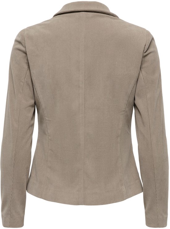 Achterkant van een getailleerde beige corduroy blazer met reverskraag.