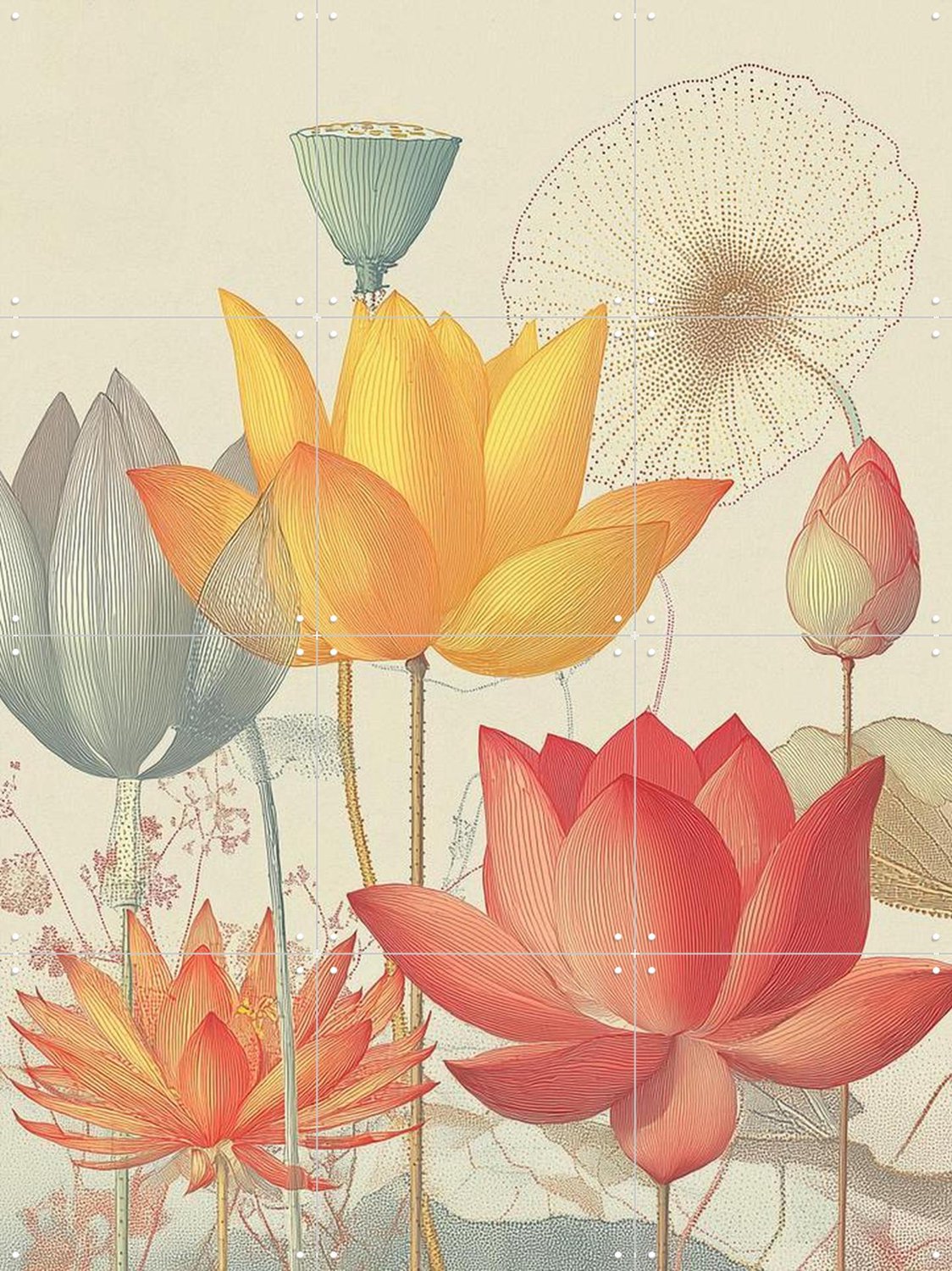 IXXI Pastel Lilies, Artclaud - 60 x 80 cm - Grote wanddecoratie en posters - Kleurrijk, Modern, Illustraties, Trap, Woonkamer, Eetkamer, Gang Oranje