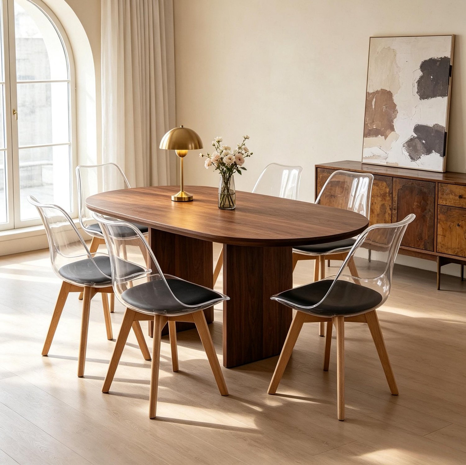 MODENUIT Eetkamerstoelen - Set Van 6 Met Kunstleren Zitting - Houten Poten - Zwart - 83 Cm Hoog