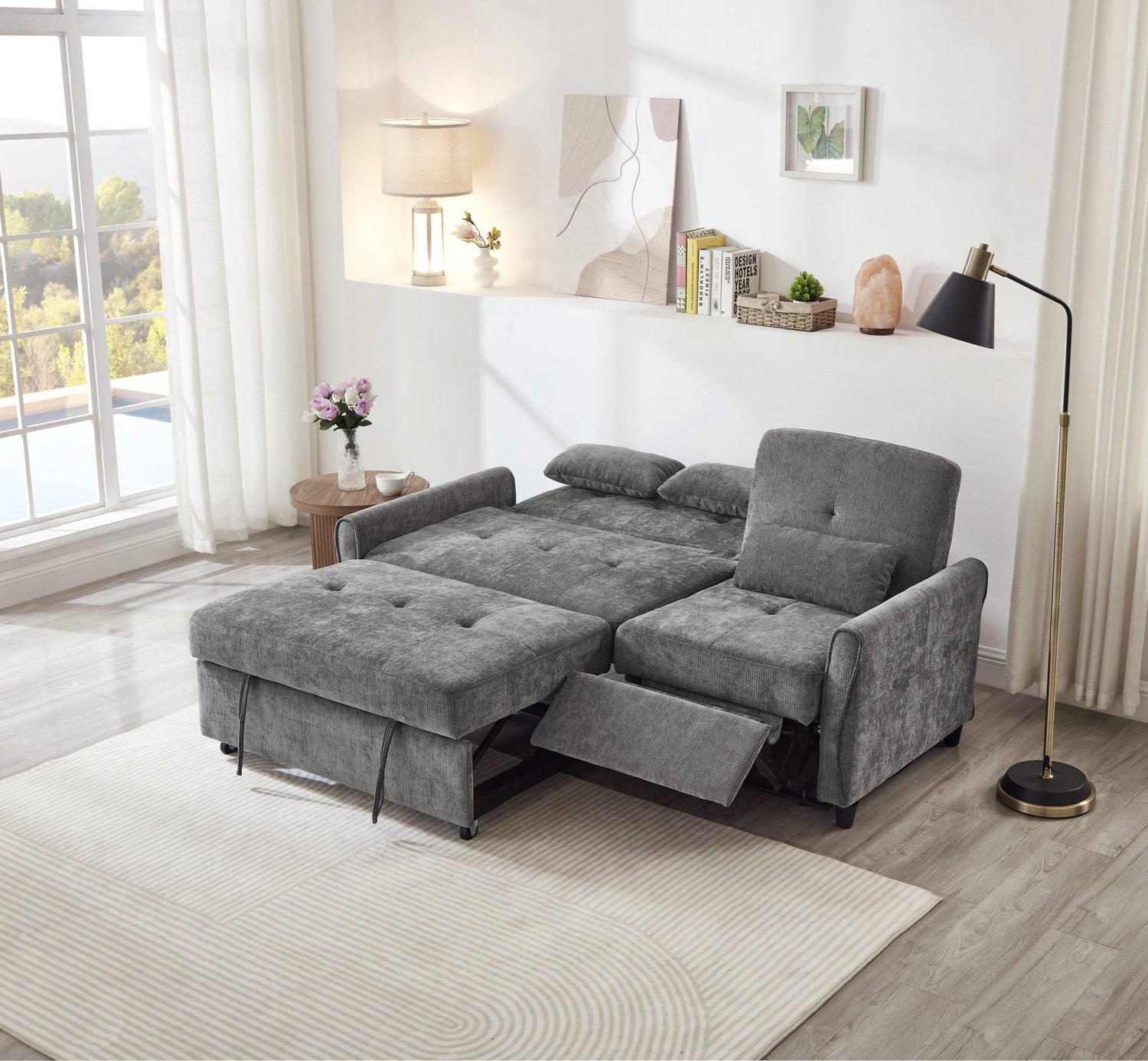 MODENUIT Slaapbank - Uittrekbaar Met 3 Standen - Woonkamer En Gasten - Chenille - Grijs - 176x148x83 Cm