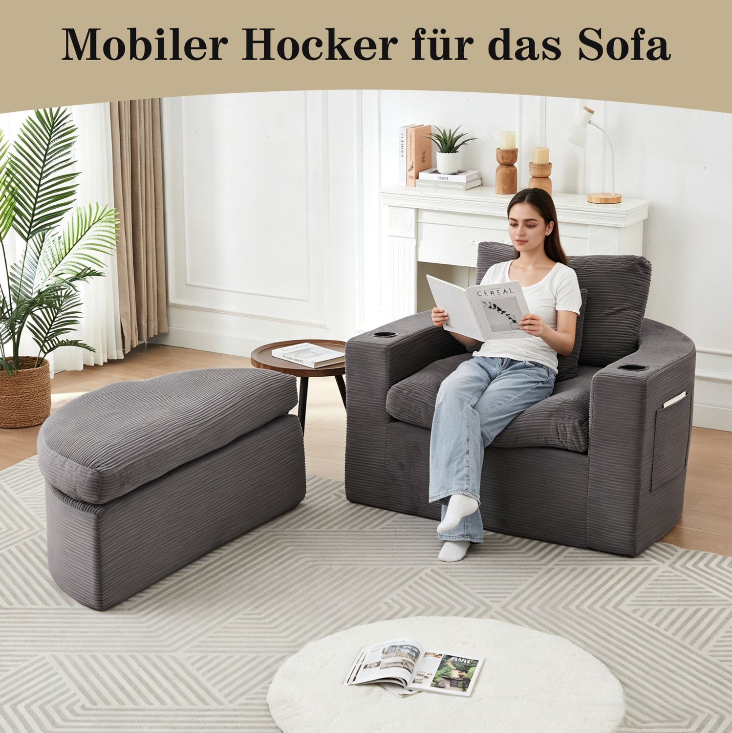 DESMIU Fauteuil 1-Zits - Extra Grote Loungestoel Met Losse Hocker Bekerhouder En Opbergvakken - Voor Woonkamer En Leeshoek - Ribfluweel Grijs