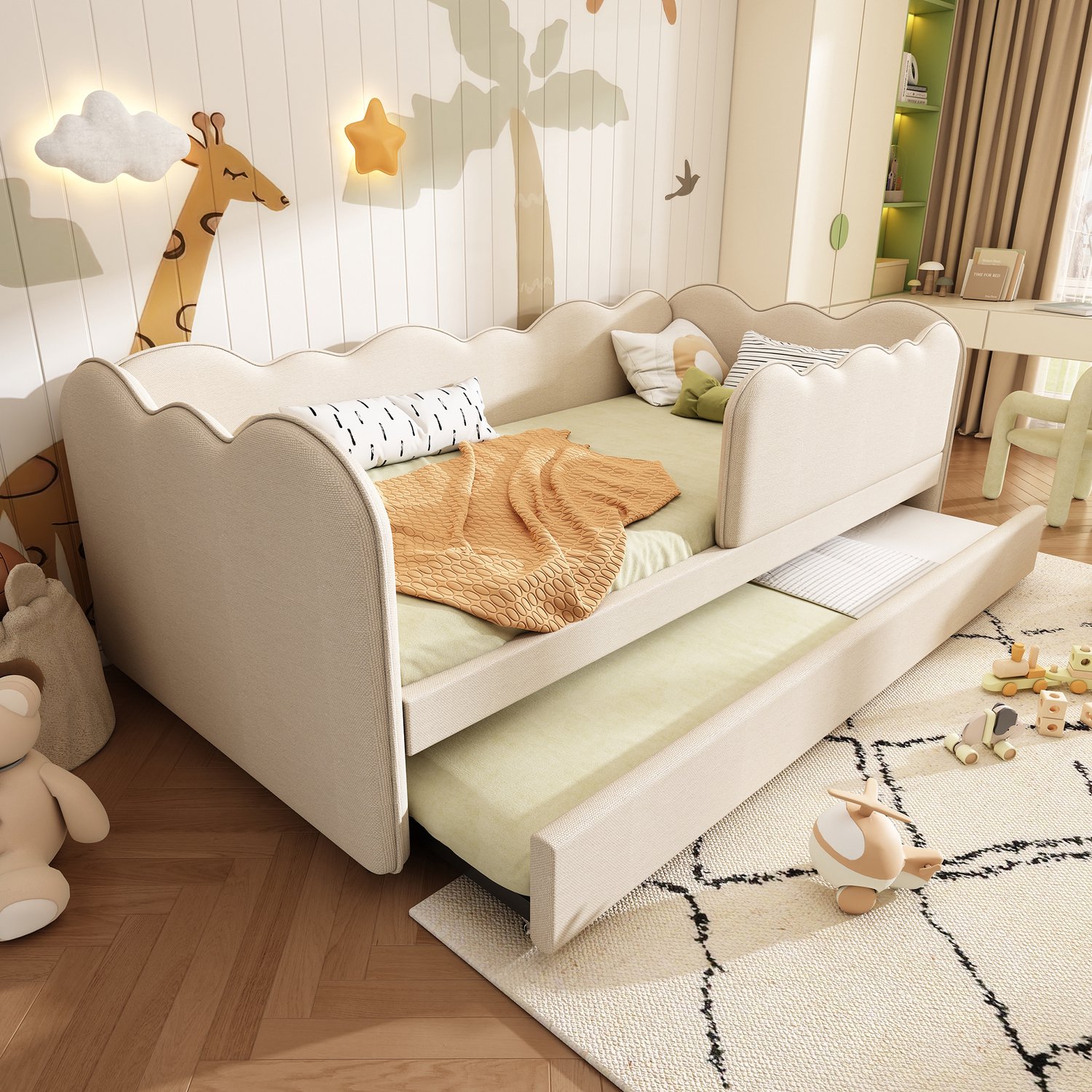 WUVRIE Gestoffeerd dagbed 90x190 cm - Met uitschuifbed en lattenbodem - Beige