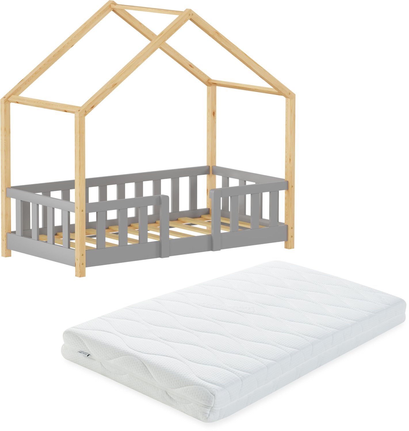 Kinderbed Treviolo met uitvalbeveiliging en matras 70x140 cm lichtgrijs en naturel [en.casa]