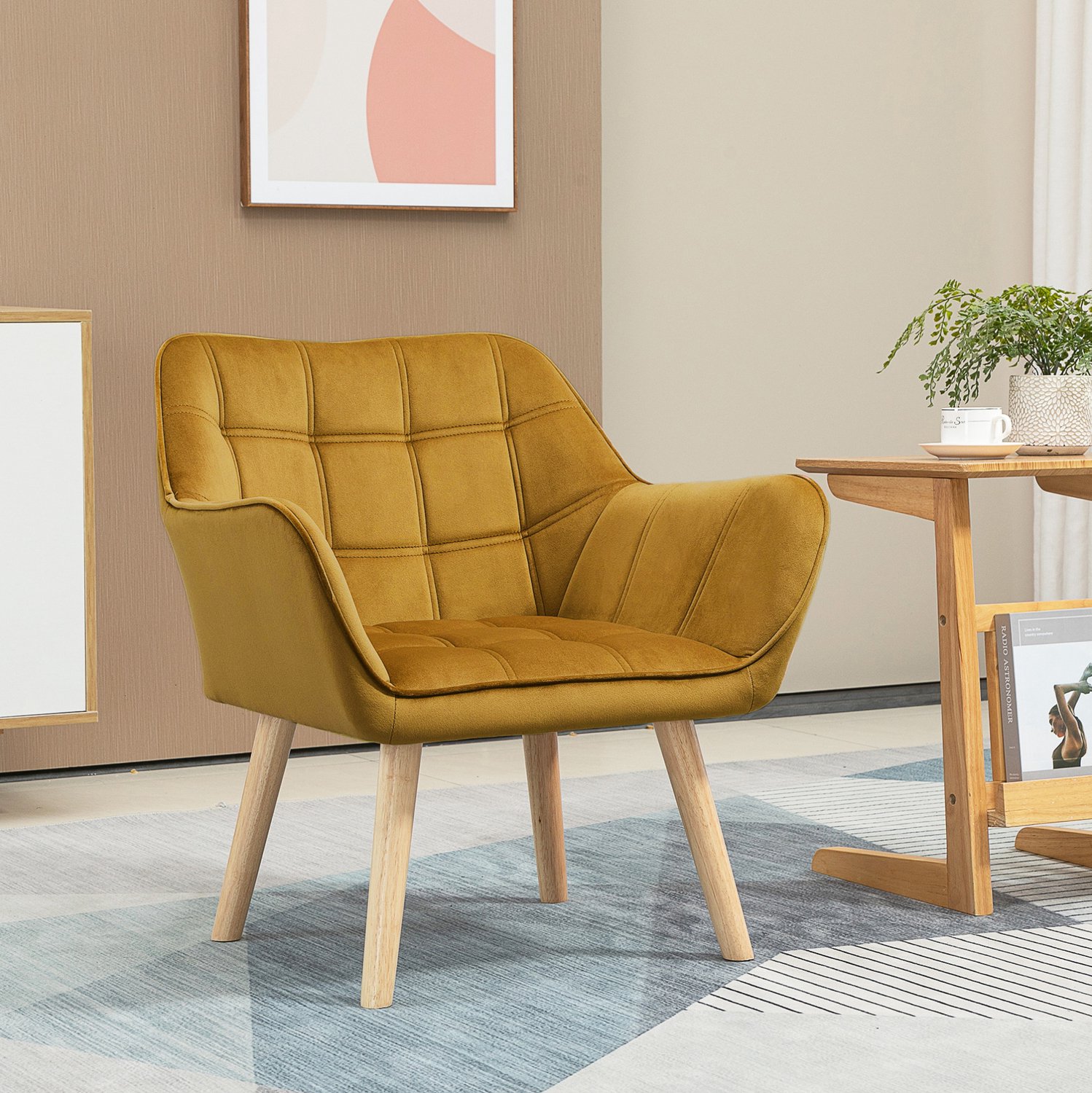 MIVRAY Fauteuil 67 x 61,5 x 71 cm - Scandinavisch Ontwerp met Armleuningen - Voor Leeshoek en Kantoor - Polyester en Hout - Geel