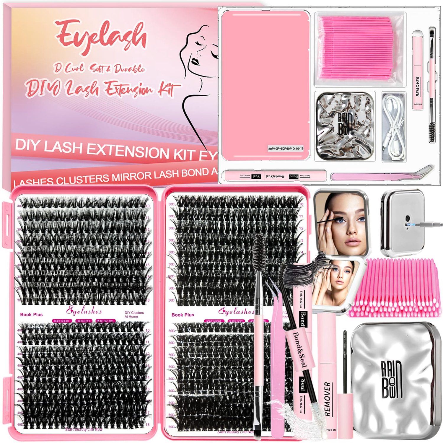 DIY Wimperextensions Kit met 720 D Curl Cluster en LED Spiegel