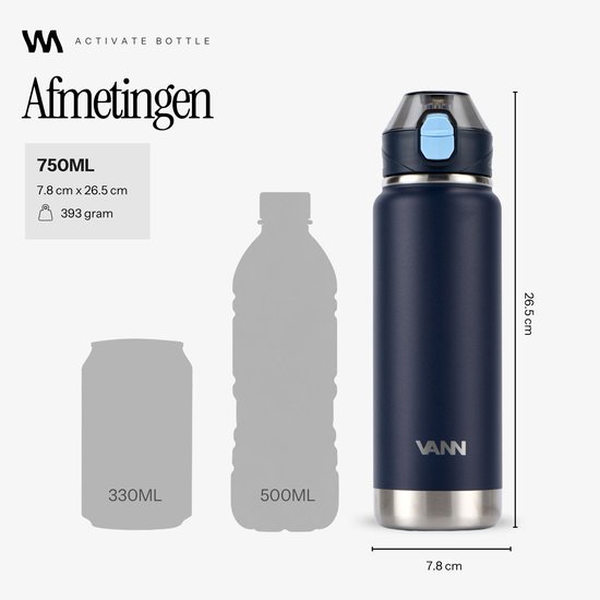 Donkerblauwe VANN-fles van 750ml met afmetingen 7,8cm bij 26,5cm, vergeleken met een 330ml en 500ml silhouet.