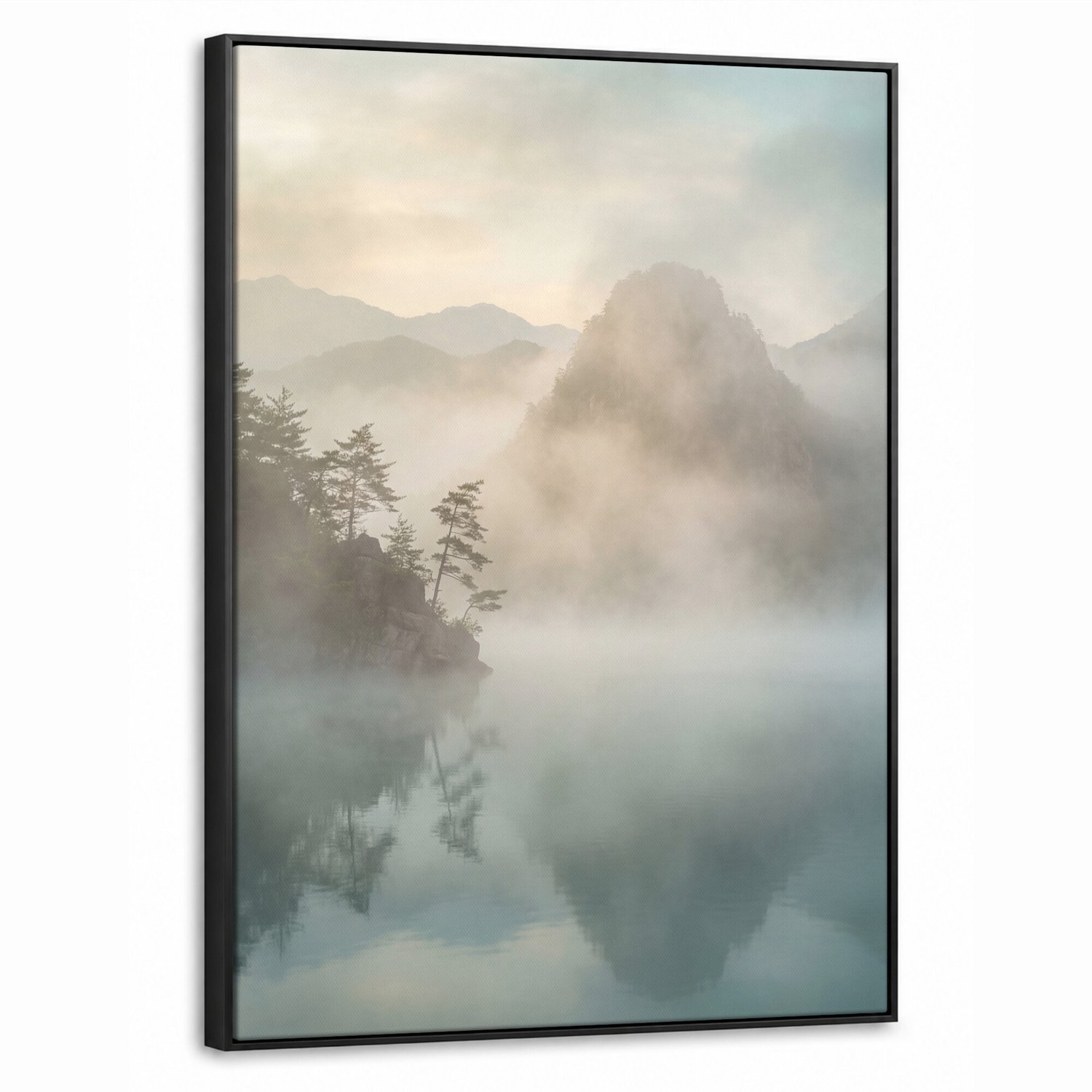 Canvas Schilderij met Baklijst - Landschap - Bergen - Mist - Water - Natuur