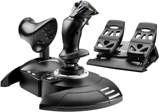 Joystick, manette des gaz et palonnier Thrustmaster pour simulation de vol.