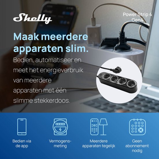 Zwarte Shelly Power Strip Gen4 met vier stopcontacten, bedienbaar via app met vermogensmeting zonder abonnement.