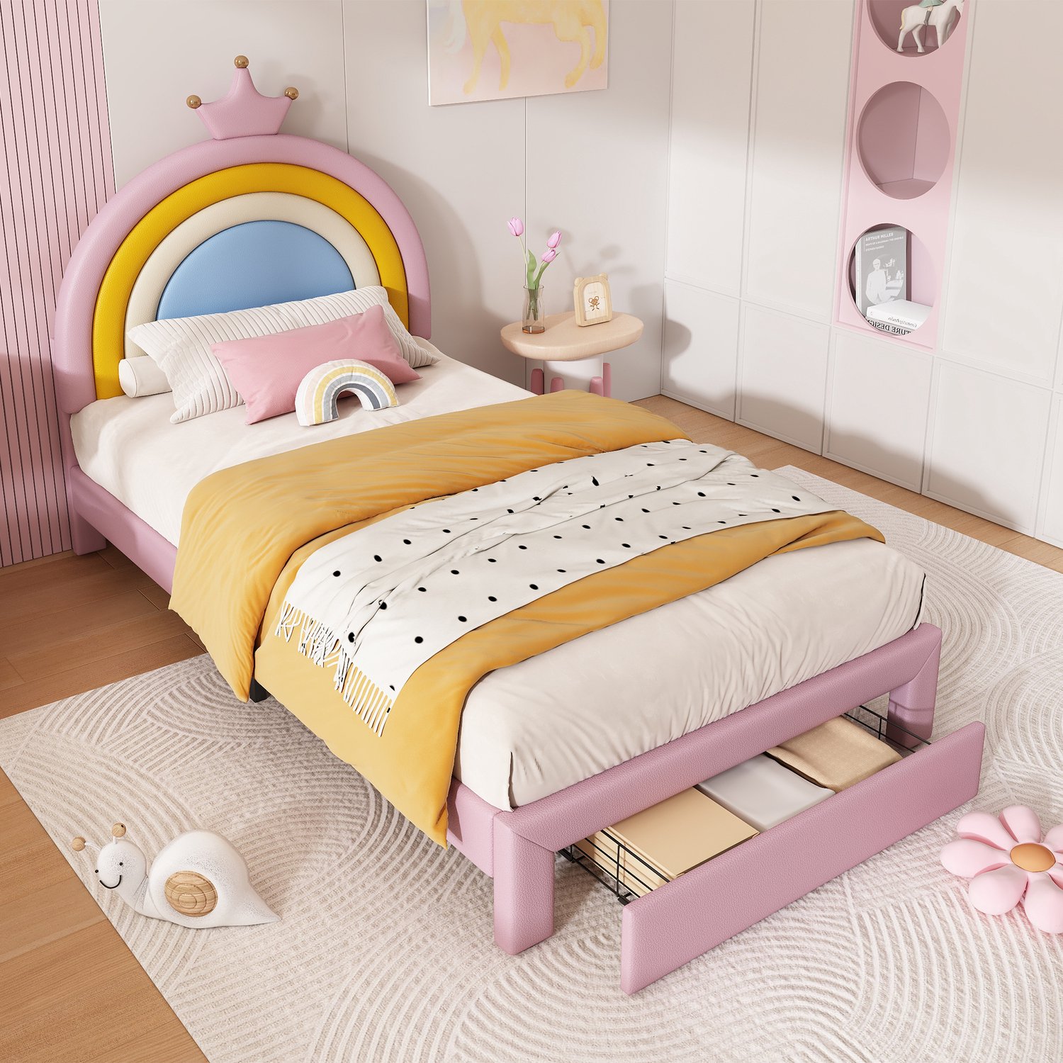 STILVORA Kinderbed 90x200 cm – Regenbooghoofdbord met Kroon – Hoofdbord in Twee Hoogtes – Lade aan Voeteneind – Kunstleer – Zonder Matras – Roze