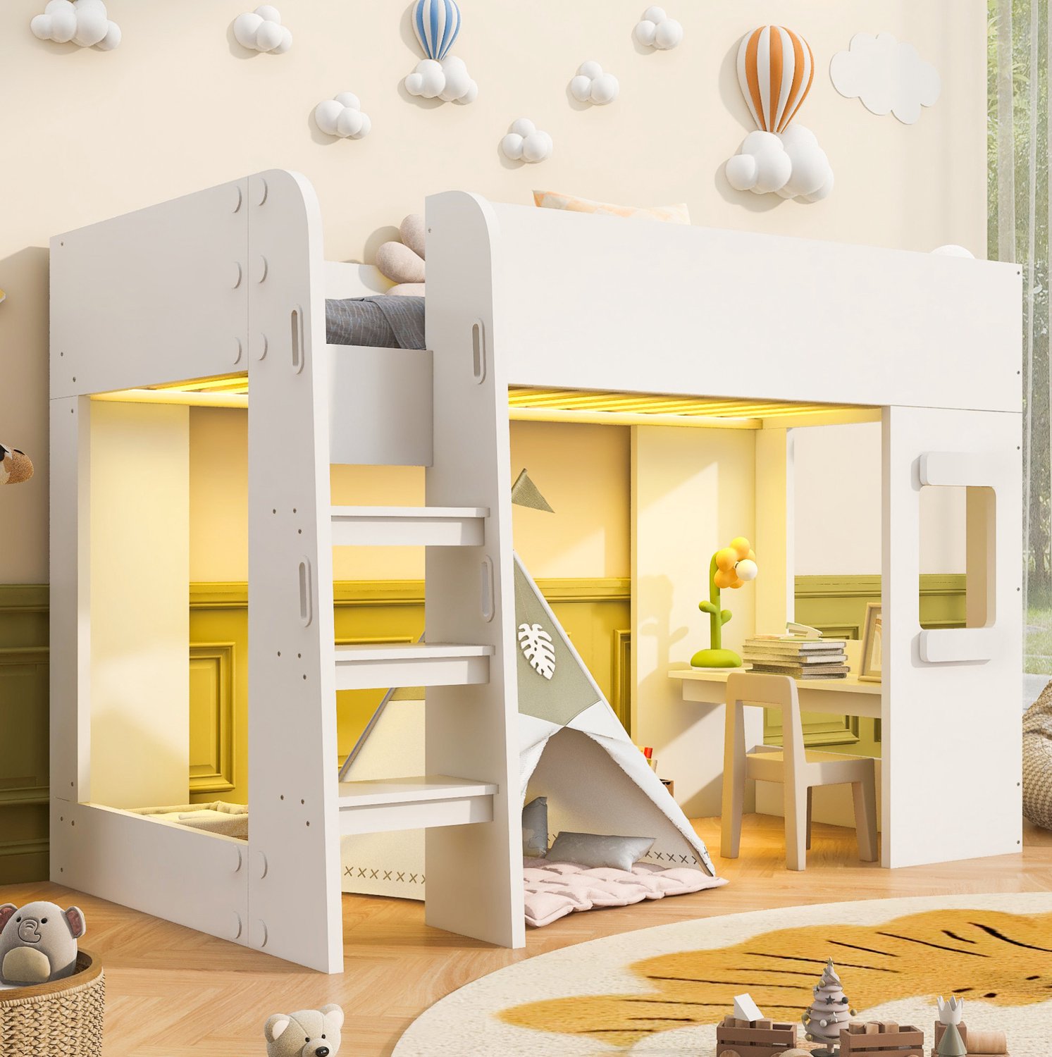 Wishdor Hoogslaper 90x200 cm - Met bureau en LED-verlichting - Hoge veiligheidshekken en brede ladder met leuningen - Voor kinderen en tieners - MDF en multiplex - Wit