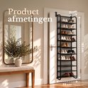 Schoenenrek met afmetingen 21 cm diep, 182 cm hoog en 55 cm breed en tekst 'Product afmetingen'.