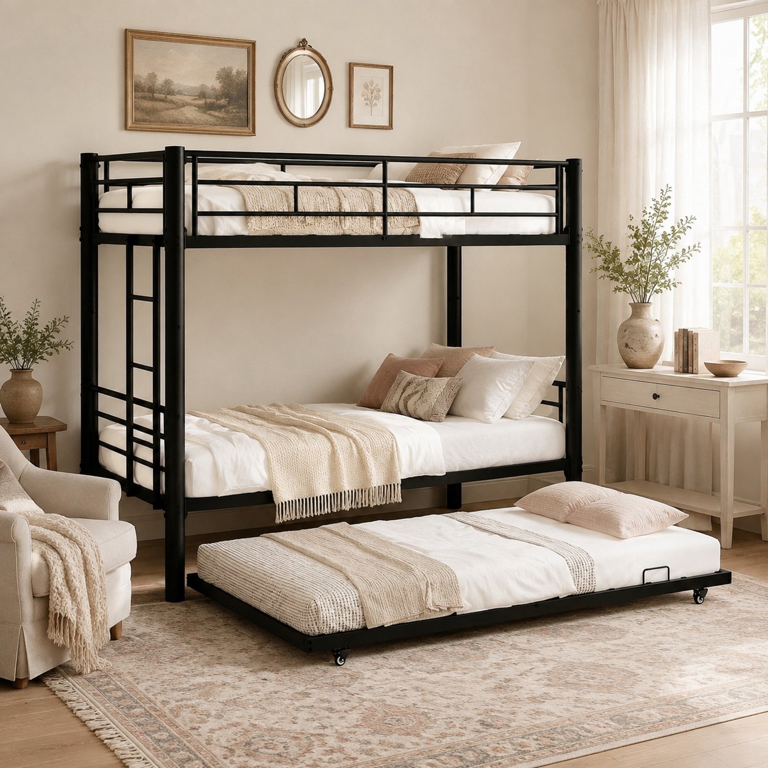 WUVRIE Stapelbed voor matrassen van 90x190 cm - Drie slaapplaatsen en veiligheidshekken - Zwart