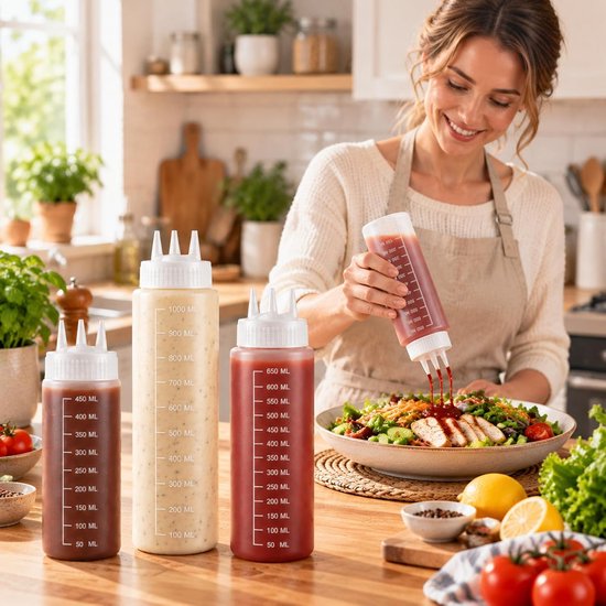Knijpfles 1000 ml - plastic - 2 stuks met etiketten - ideaal voor koken en bakken - ServiceTopper — afbeelding 3