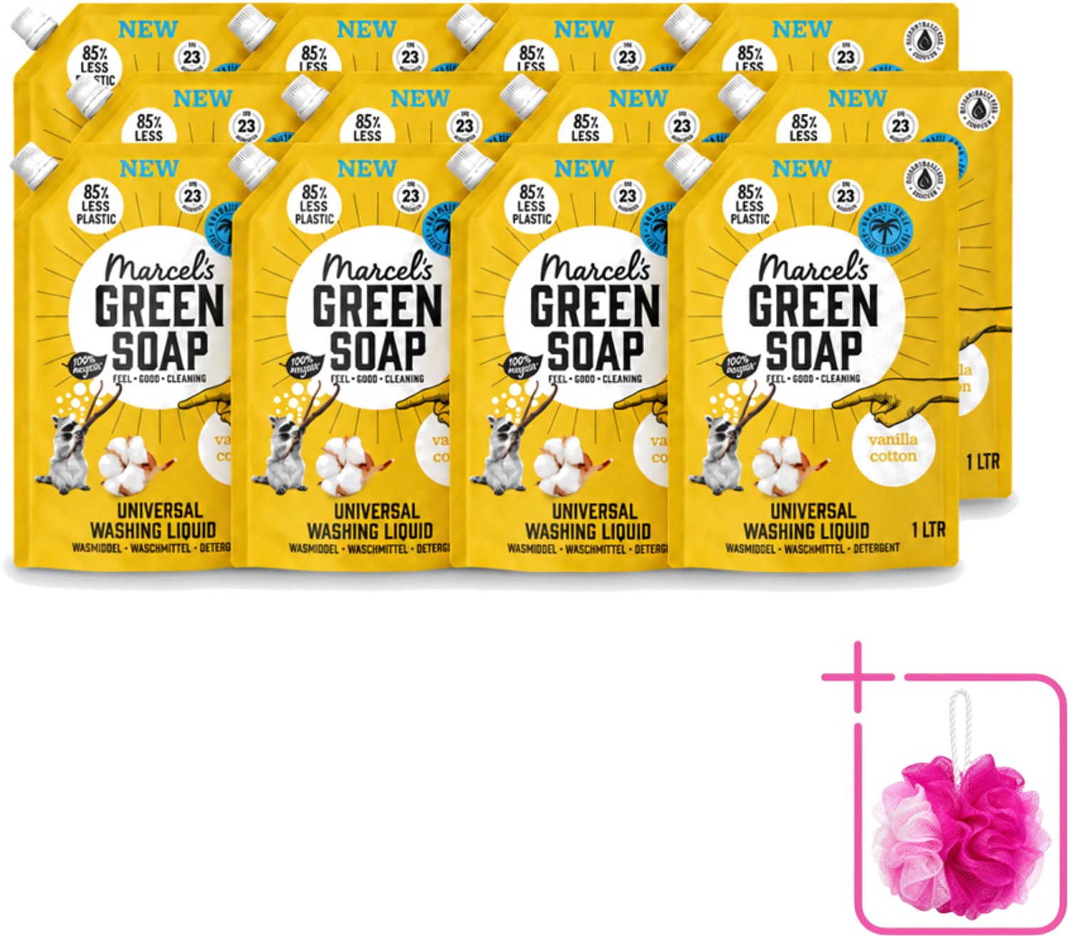 12 x Marcel's Green Soap - Vloeibaar Wasmiddel - Navulling - Vanille & Katoen - Effectief & natuurlijk - 23 Wasbeurten - 1 liter - Bulkverpakking - Wasmiddel - Douchemop - Natuurlijk wasmiddel