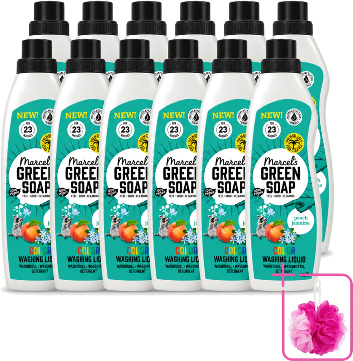 12 x Marcel's Green Soap - Vloeibaar Wasmiddel - Kleur - Perzik & Jasmijn - Effectief & natuurlijk - 23 Wasbeurten - 1 liter - Bulkverpakking - Wasmiddel - Douchemop - Natuurlijk wasmiddel
