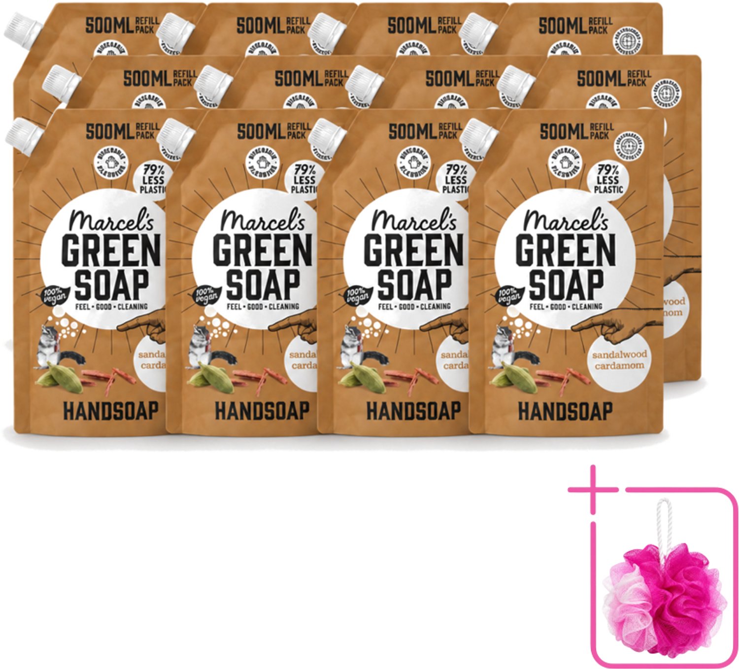 12 x Marcel’s Green Soap – Handzeep Navulling – Sandelhout & Kardemom – 500 ml - Bulkverpakking - Handzeep navulling - Douchemop - Sandelhout en kardemom