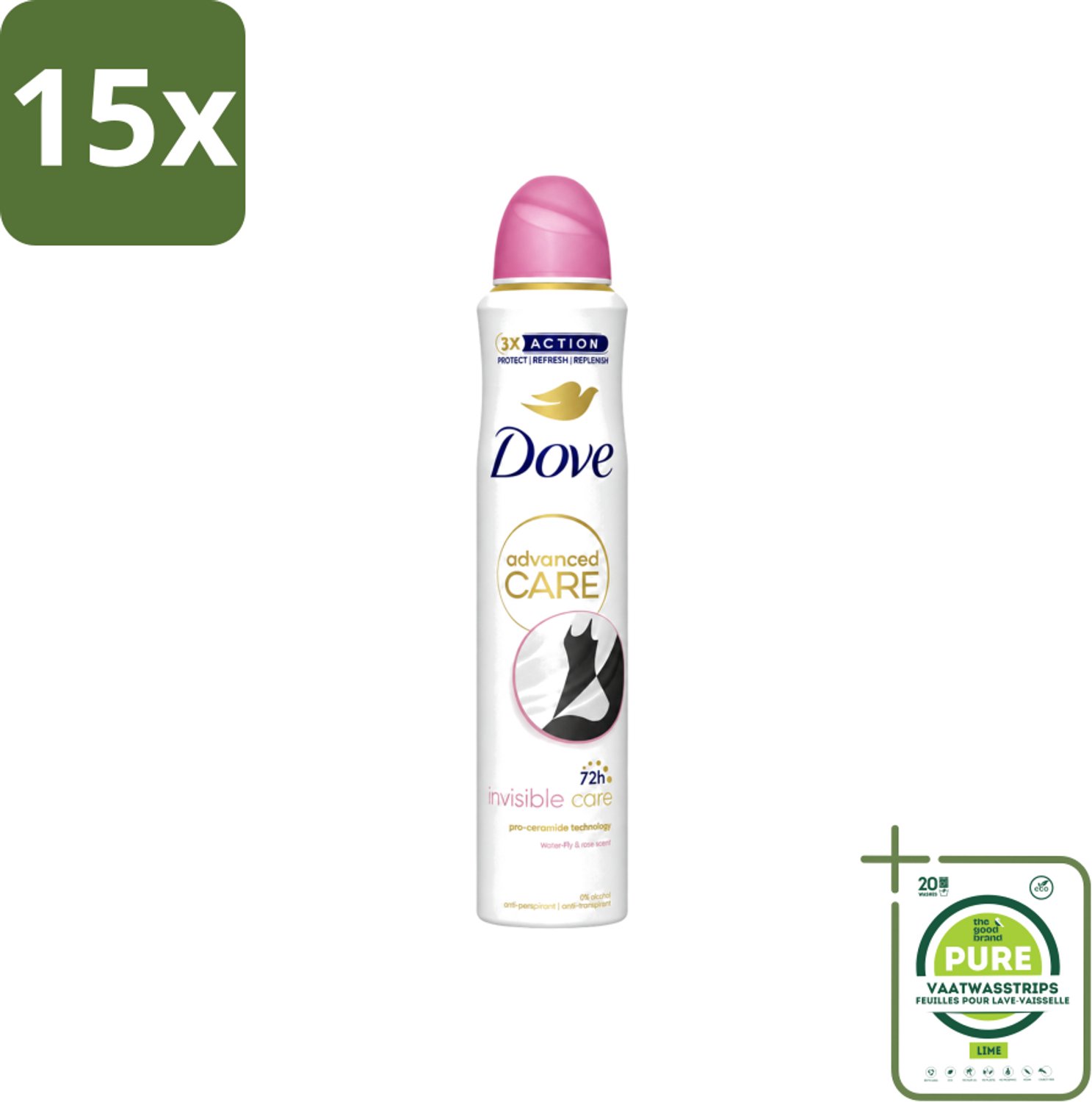 15 x Dove Deodorant Spray - Invisible Care - 200 ml - Grootverpakking - Vaatwasstrips - Dove Deodorant Spray - Onzichtbare Bescherming - Anti-transpirant - Zweetbehandeling - Geurbeleid