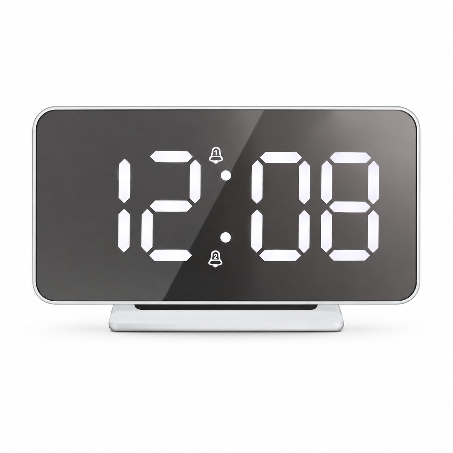 wekker met digitaal LED-display - instelbare helderheid - zilverkleurig spiegeloppervlak, witte behuizing en tafelvoet - 15,1 × 1,3 × 7,5 cm