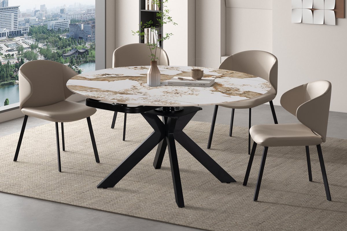 Uitschuifbare Eettafel Athéna 140 x 90 cm – Rond Ø140 cm – Glanzende Marmerlook – Pandora Goudbruin - Zwart Metalen Onderstel