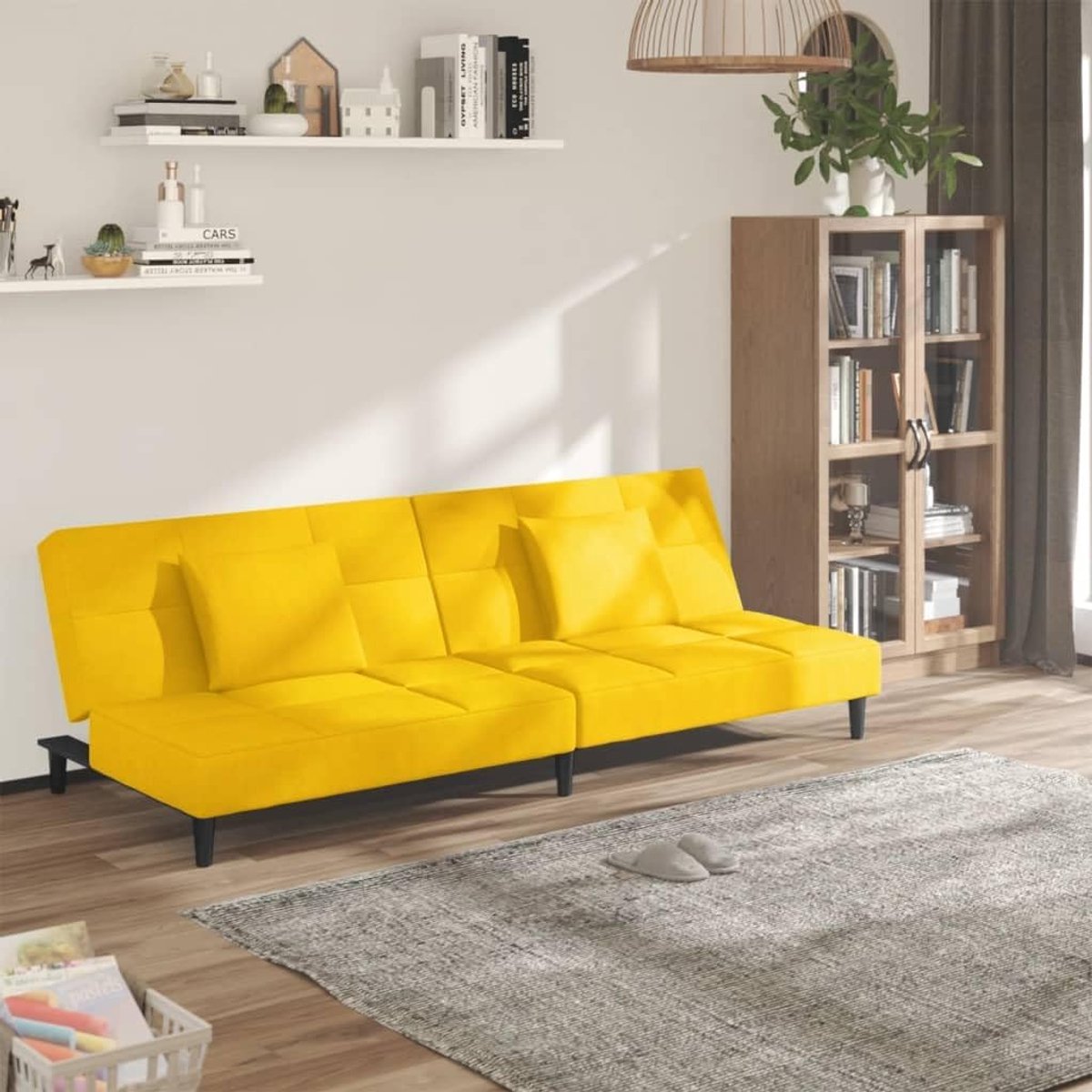 2-zits, geel fluweel met 2 kussens, 2-in-1 functioneel meubel voor logeerovernachting, comfortabele zitgelegenheid, robuust houten frame, ruimtebesparend, voor woonkamer, kantoor