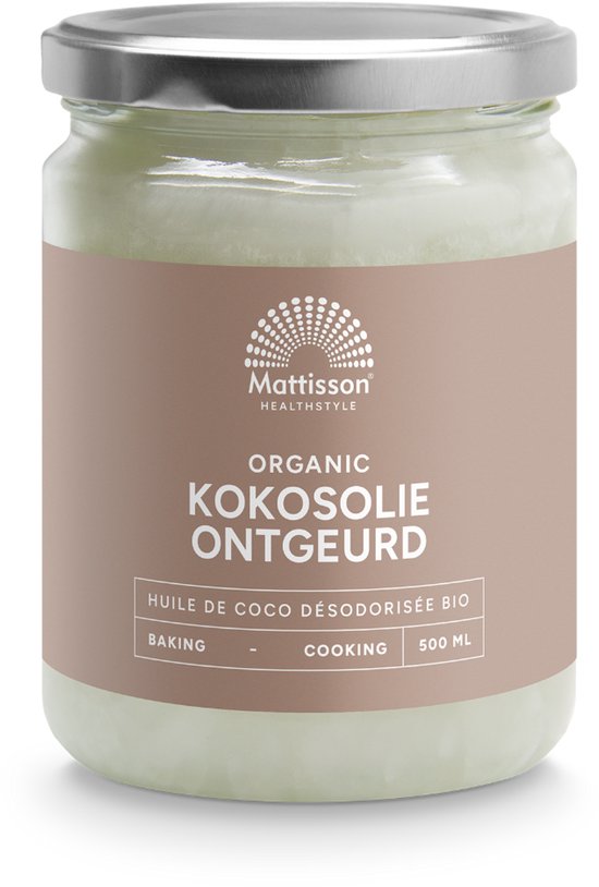 Mattisson Biologische Kokosolie Ontgeurd in een glazen pot met bruin label. Geschikt voor bakken en koken, 500 ml.