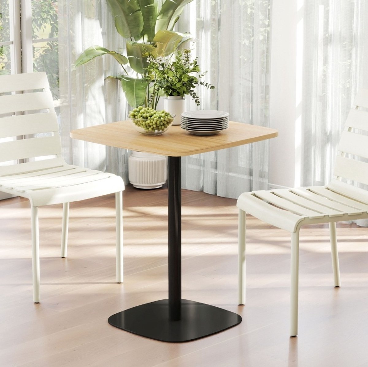 REDOM Eettafel - Vierkant MDF-tafelblad - Stalen onderstel met vilten antislippads - Moderne stijl - Keuken - Natuurlijk hout en Zwart - 60 x 60 x 75 cm