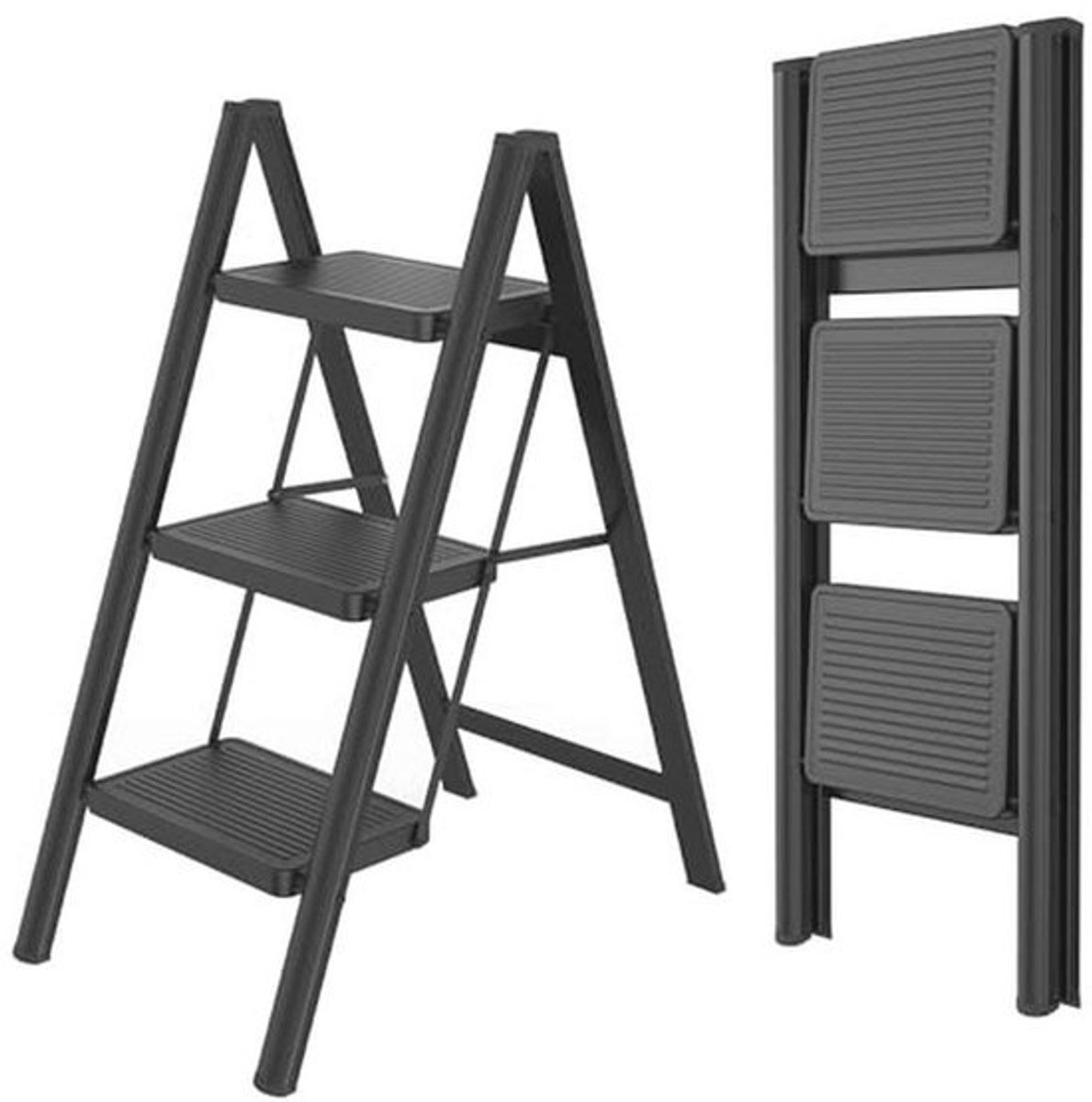 Inklapbare trapladder - 3 treden - Huishoudladder en opstapje - Tot 270 kg - Zwart