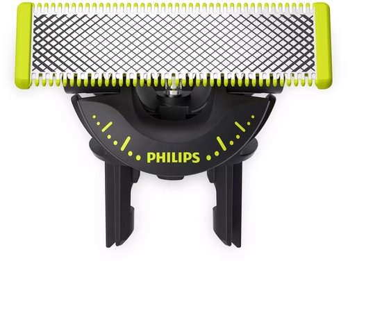 Philips OneBlade 360 mesje, zwart met limegroene randen en zilverkleurig rooster.