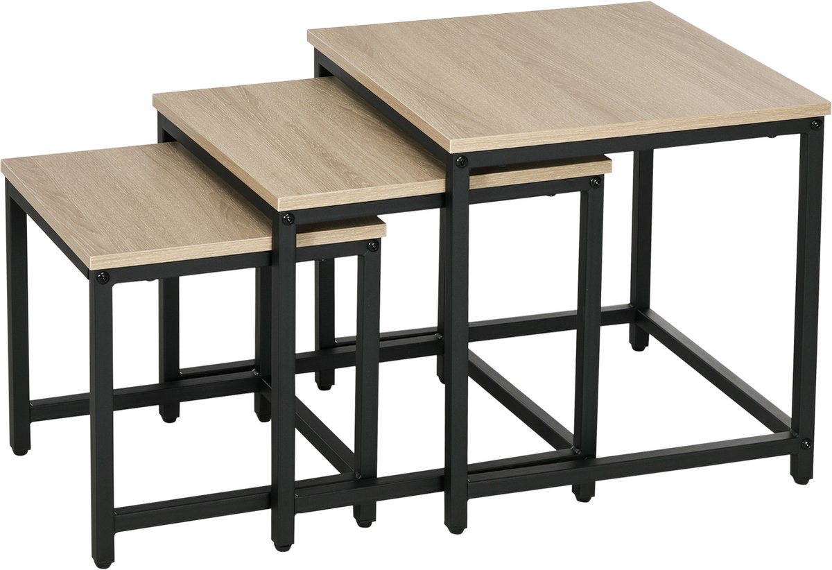 Homona Bijzettafelset - 3-delig - Industrieel design - Met verstelbare poten - 45 x 45 x 44 cm